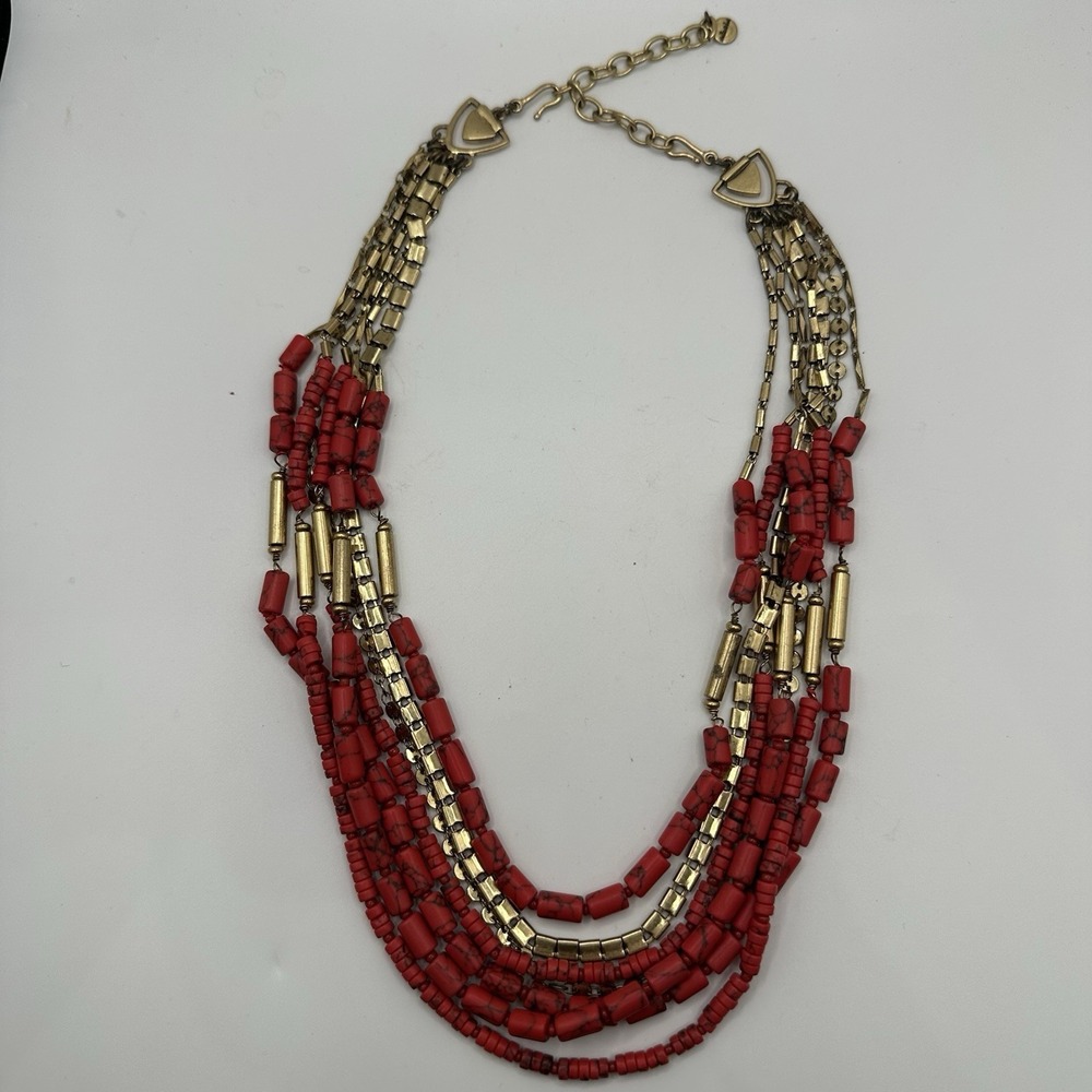 Stella & Dot Red Coral Gold Tone Beaded Multi Strand Statement Necklace Campari